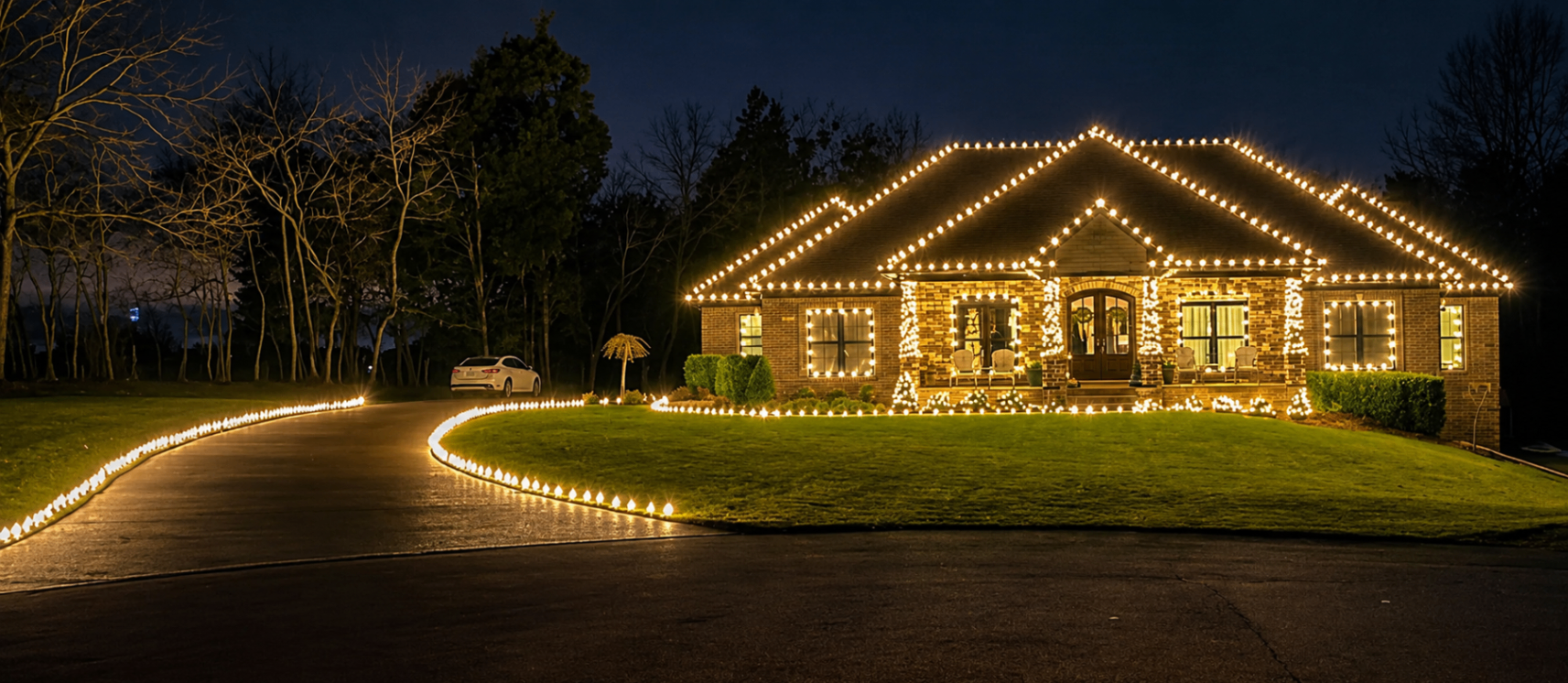 Warm white Christmas lights outlining a Wildwood home and driveway at night