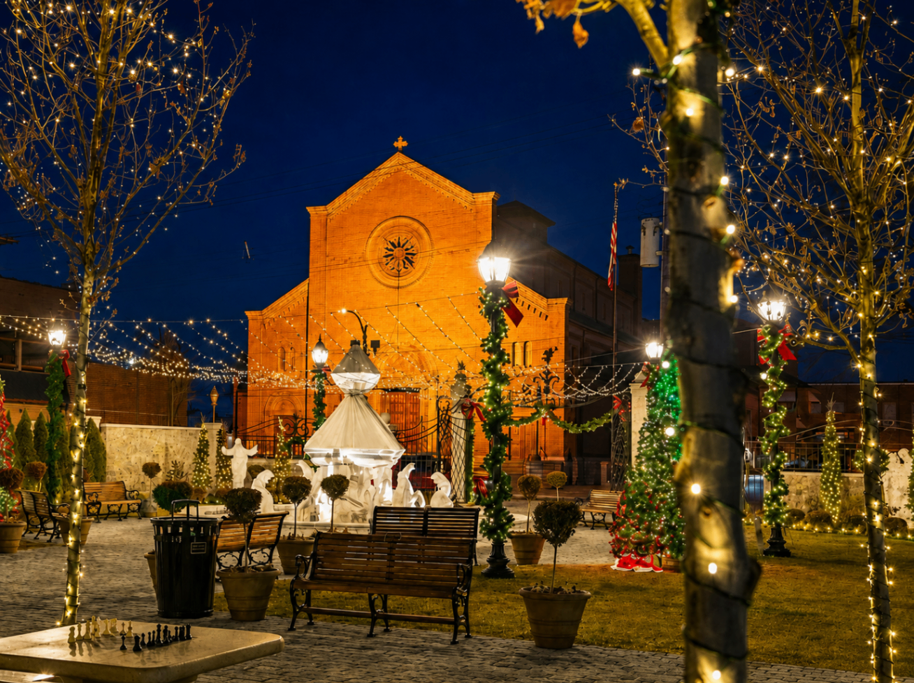 Piazza on The Hill in St. Louis decorated with holiday lights, lit trees, and plaza displays