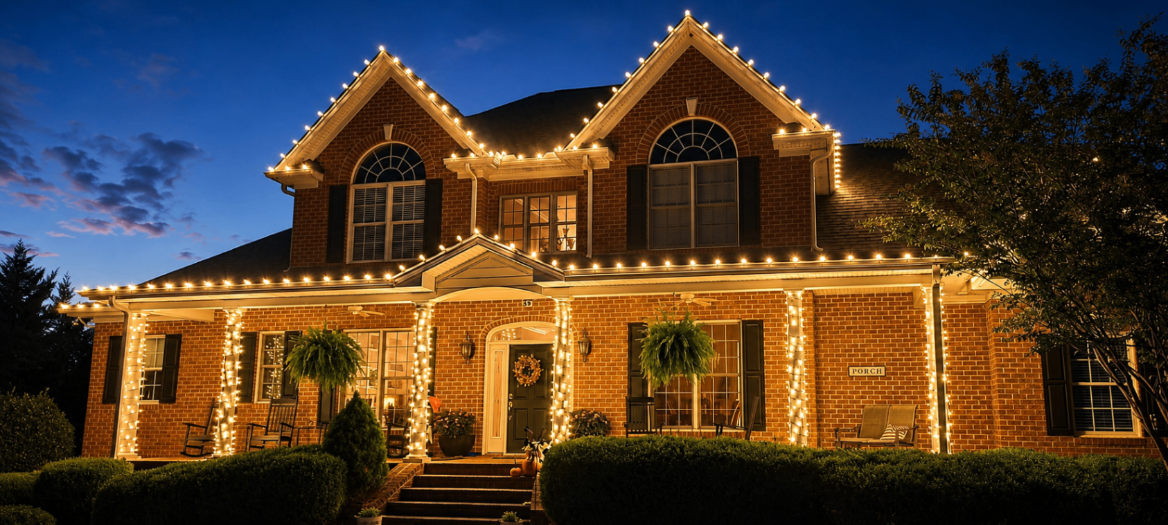 Kirkwood home with warm white Christmas lights and wrapped front columns
